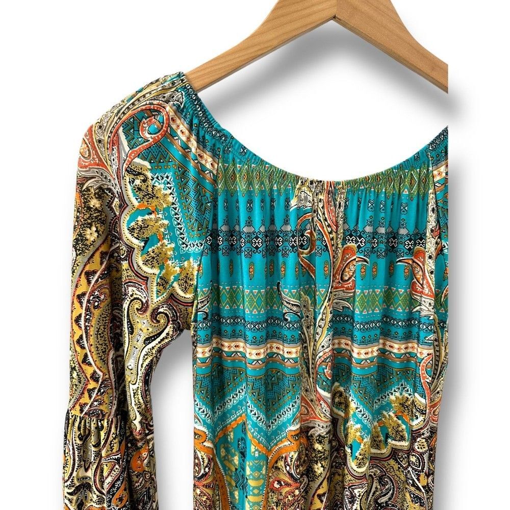 Womenās Boutique Blue Teal Turquoise 3/4 Wing Sleeve Dress Printed Pattern Small